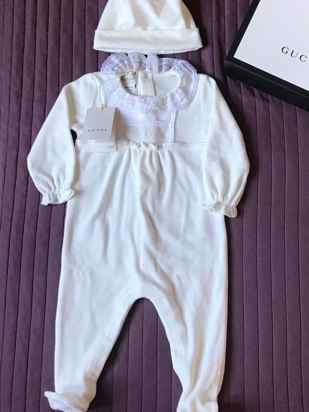 Gucci White Baby Footed One-Piece with Lace Collar and Hat NWT